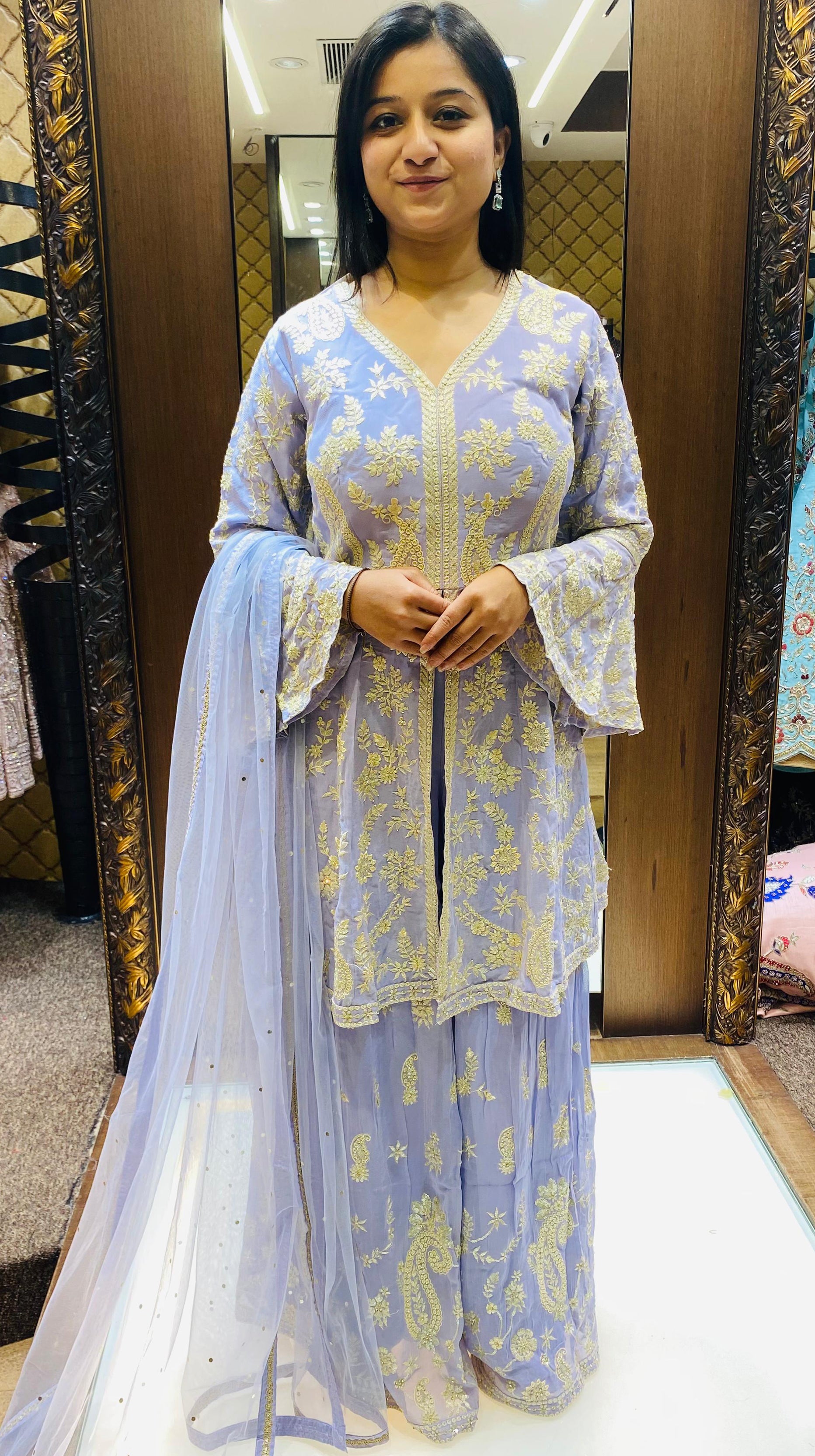 Lavender Georgette Zari With Hand Work Gharara